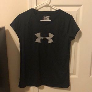 Black under armor shirt. With a gray logo.